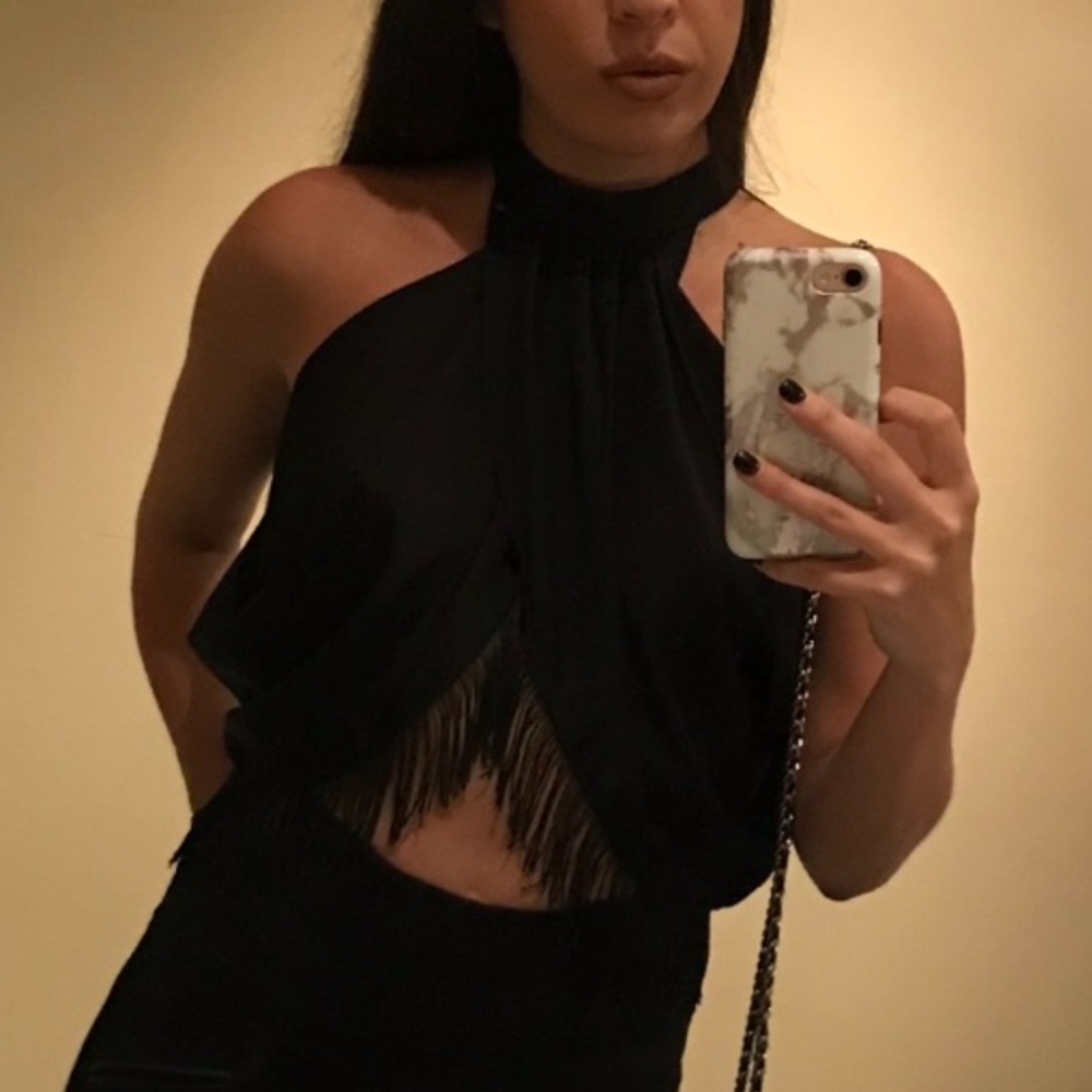 Black High Crossover Neck Top with Fridge